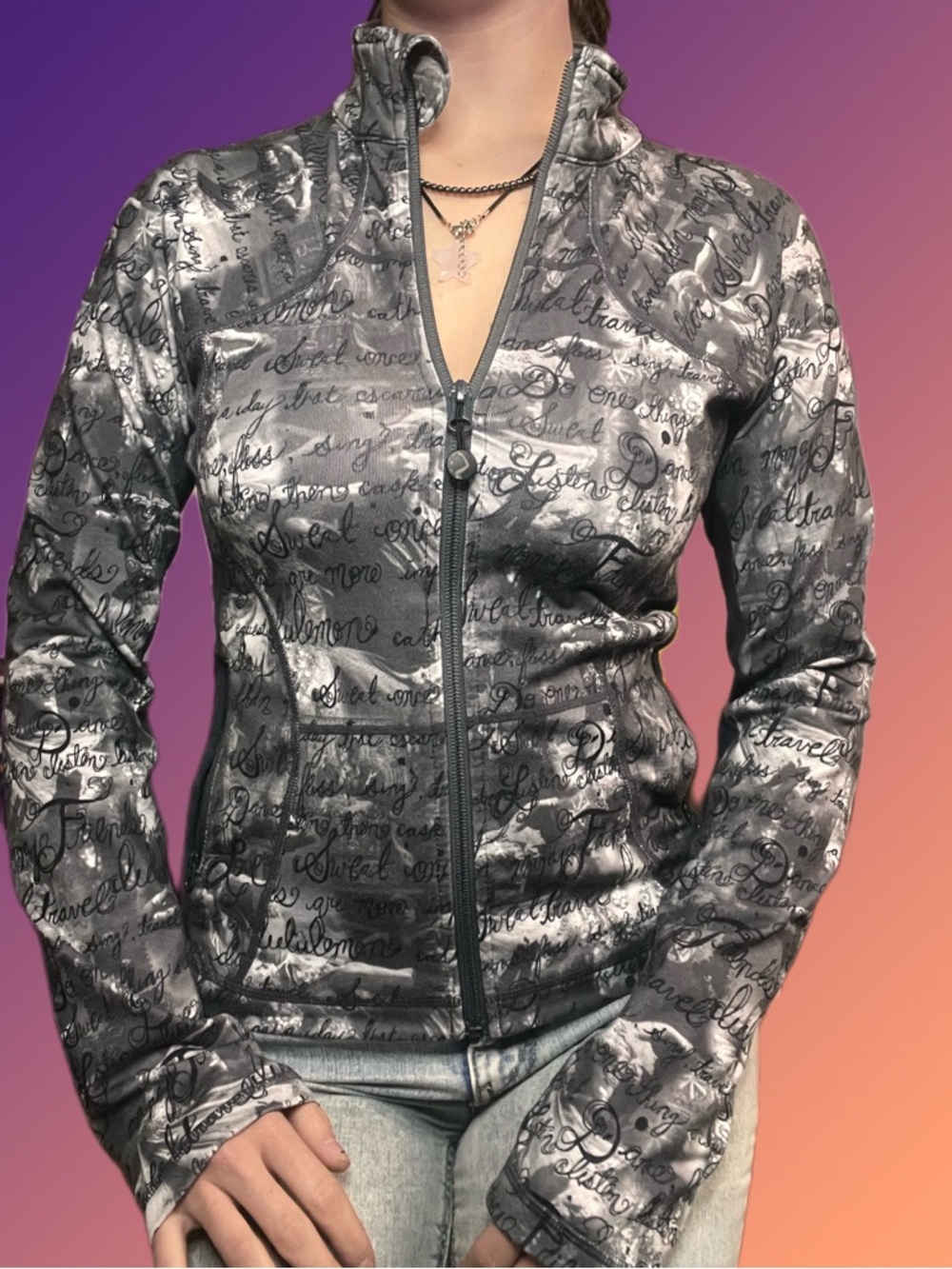 lululemon athletica Silver Gray Script-Print Bomber-Style Jacket